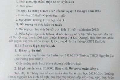 Trường THCS Nguyễn Du thông báo tuyển sinh lớp 6 năm học 2023-2024